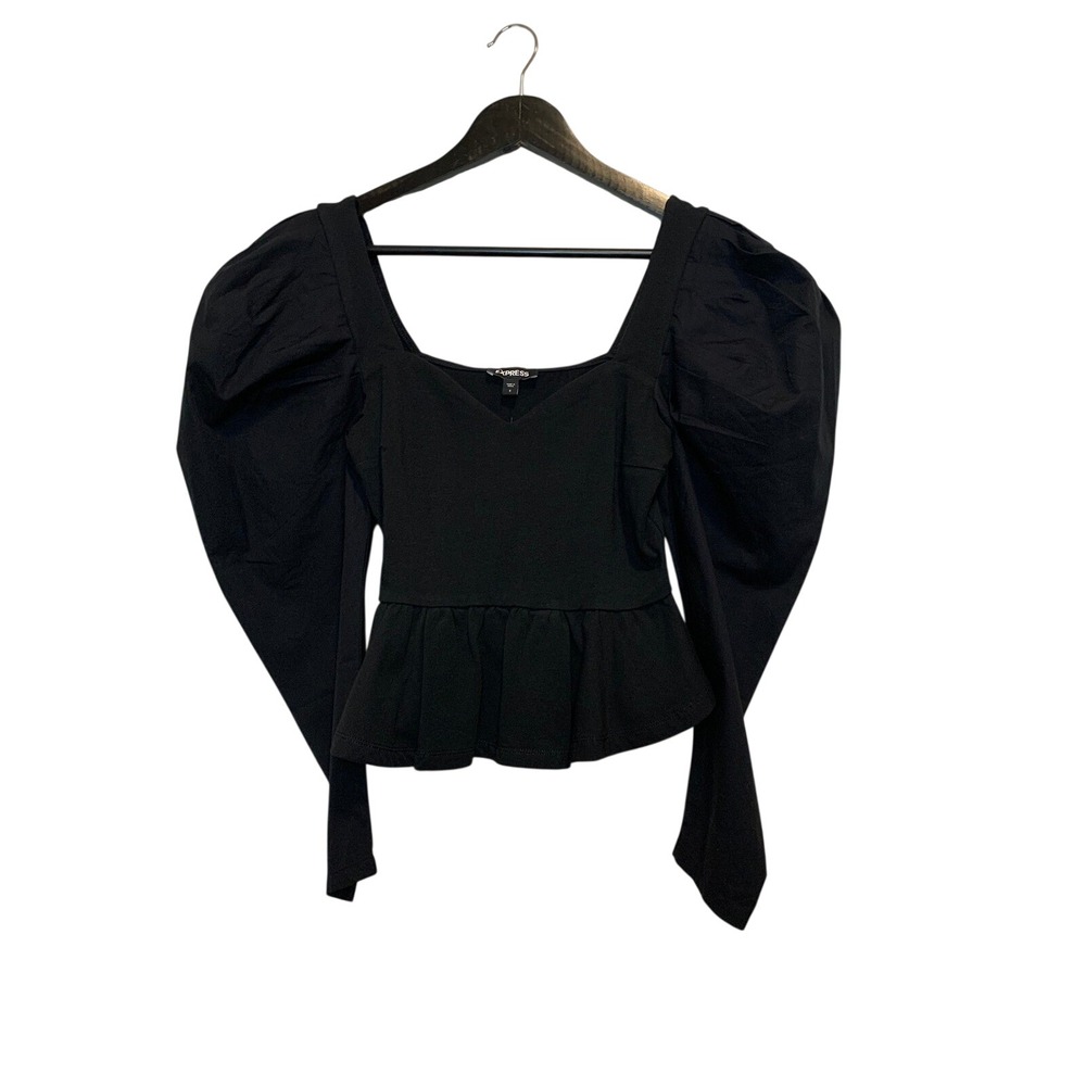 NWT Express Black Puff Sleeve Peplum Top Sweetheart Neck S - Picture 3 of 7